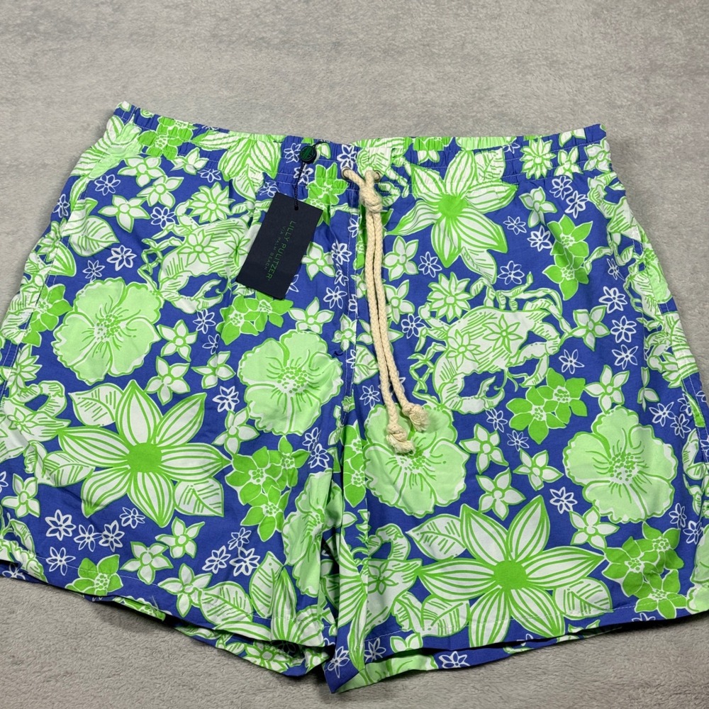 Lilly Pulitzer Capri Trunk Mens XXL Blue Green Floral Crab Print Swim Shorts